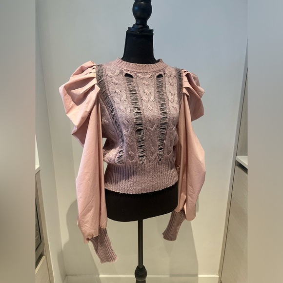 KATE HEWKO Distressed Puffed Sleeve Sweater in Dusty Pink - Size 6 - Picture 4 of 6